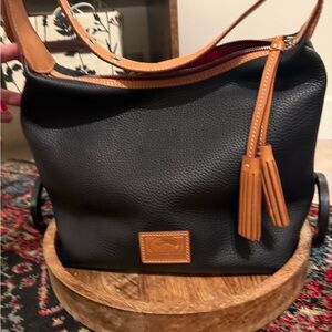 Dooney & Bourke Pebble Leather Hobo Shoulder Bag Black with Tan Trim